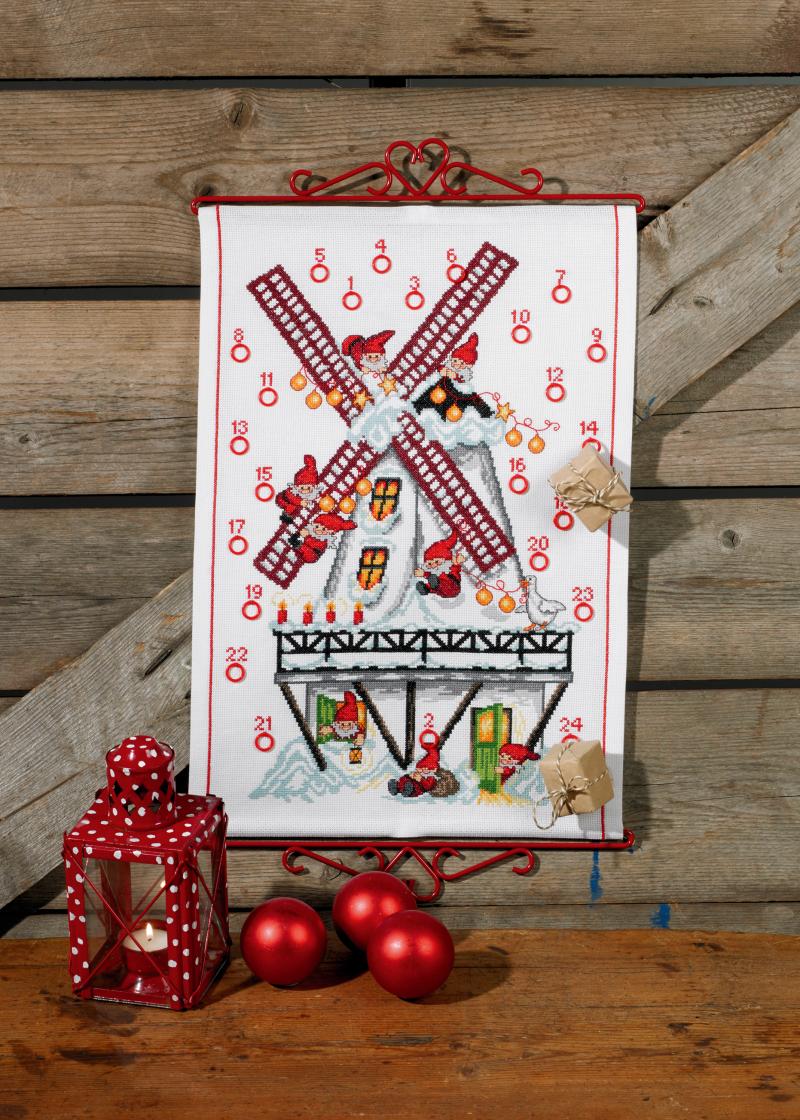 Pakkekalender broderi kit med nisser og mølle 34-8280