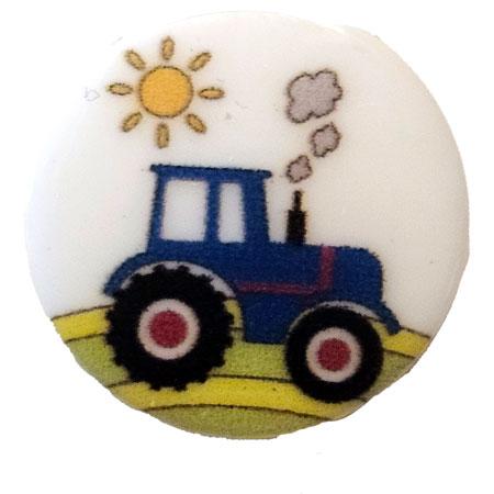 Hvid Plastknap med Blå Traktor - 15 mm