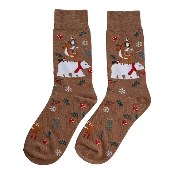 Sjove julestrømper med dyr i brun - perfekt til julefrokosten!