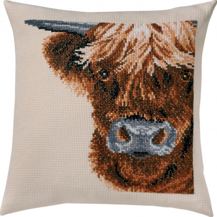 Permin Aida Broderikit - Pude med Skotsk Highland Ko 40x40 cm