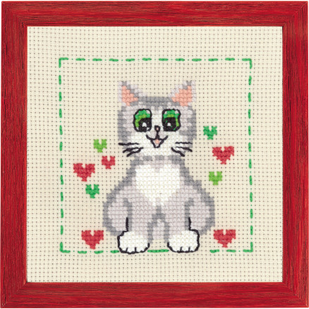 Permin Broderikit Aida til børn - Kattemotiv 19x19 cm