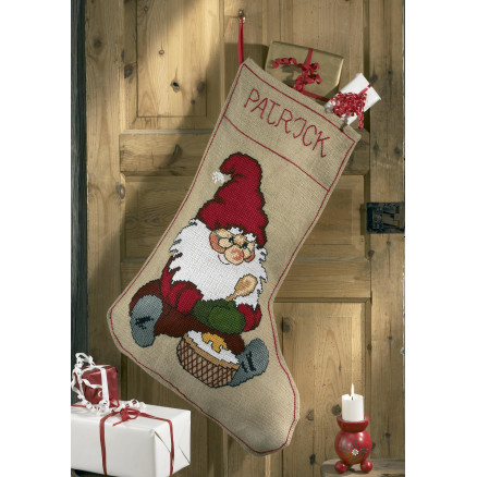 Permin Jute Julesok Broderikit med Nisse og Grød 57x80cm