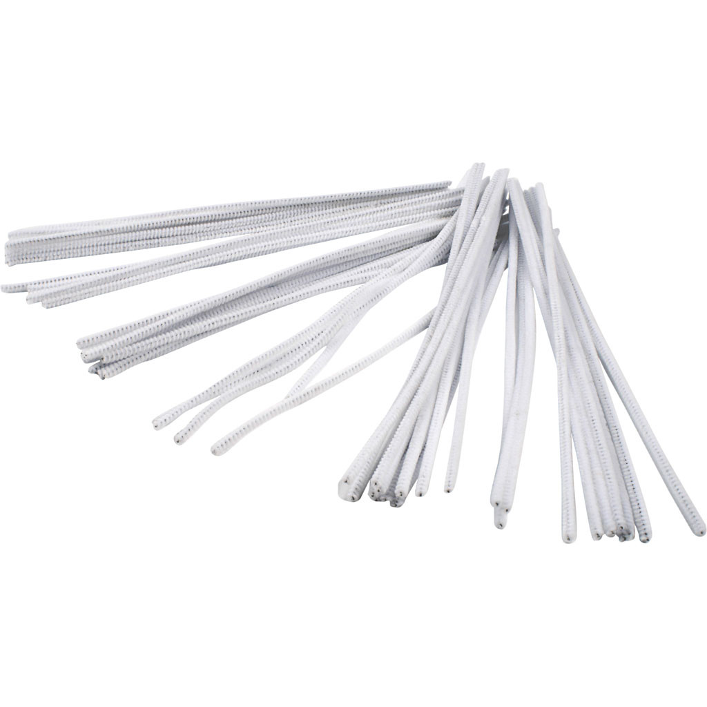 Chenille/piberenser, L: 30 cm, 6 mm, hvid, 50 stk