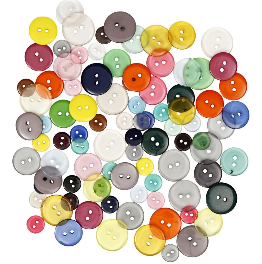 Plastik knapper, ass. farver, 12+18+20 mm, 100 stk