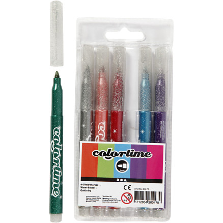 Colortime Glittertusch, streg 2 mm, ass. farver, 6 stk./ 1 pk.