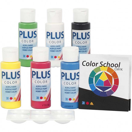 Plus Color hobbymaling - farveskole, primærfarver, Farveskolevejledning medfølger, 6x60ml