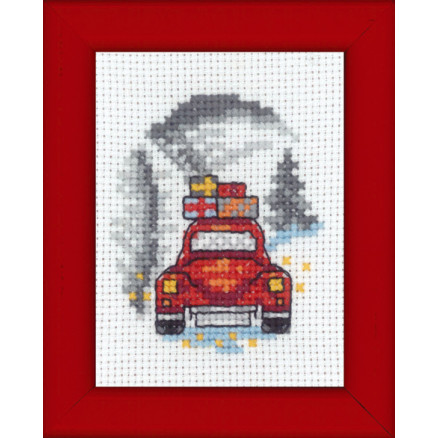 Permin Broderikit Julebillede Rød bil 6x8cm