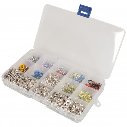 Infinity Hearts Trykknapper i Plastboks Ring Metal 15 Ass. Farver 9,5mm - 150 sæt