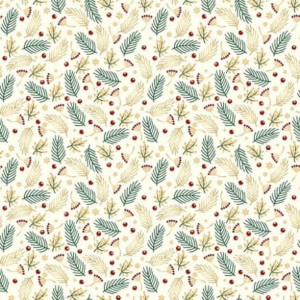 Bomuldspoplin Stof 145cm 051 - Beige med grønne og guld blade