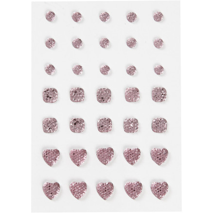 Rhinsten, rund, firkant, hjerte, str. 6+8+10 mm, rosa, 35 stk./ 1 pk.