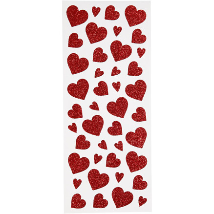 Glitterstickers, hjerter, ark 10x24 cm, rød, 2ark/ 1 pk.