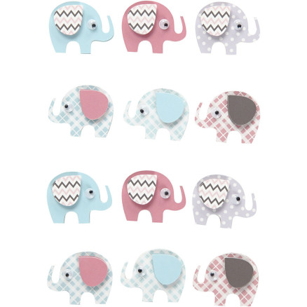 3D Stickers, elefanter, H: 25 mm, B: 31 mm, tykkelse 7 mm, 12stk./ 1 pk.