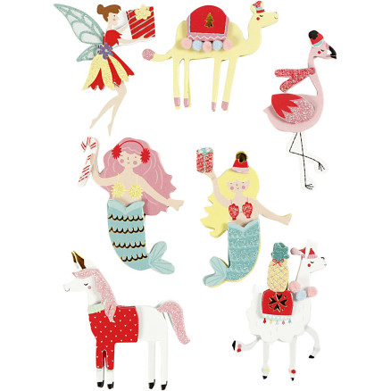 3D Stickers, flamingo, lama, havfrue, H: 50-60 mm, B: 30-45 mm, tykkelse 7 mm, 7stk./ 1 pk.