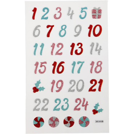 Glitterstickers, kalendertal, ark 10x16 cm, 1 ark