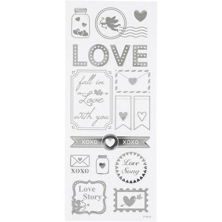 Stickers, love, ark 10x24 cm, sølv, 1 ark