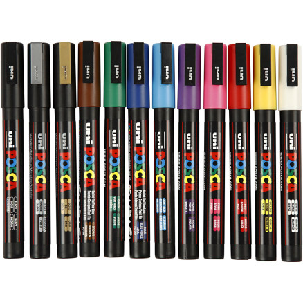 Posca Tusch, ass. farver, nr. PC-3M, streg 0,9-1,3 mm, 12 stk./ 1 pk.