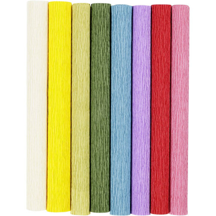 Crepepapir, ark 25x60 cm, Stræk/crepe: 180%, 105 g, standardfarver, 8ark/ 1 pk.