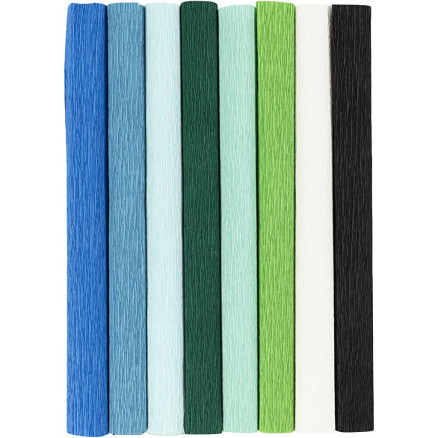 Crepepapir, ark 25x60 cm, Stræk/crepe: 180%, 105 g, blå/grøn harmoni, 8ark/ 1 pk.