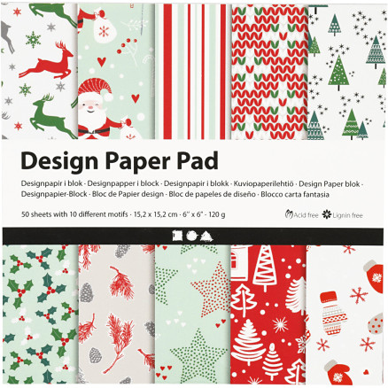 Designpapir i blok, ark 15,2x15,2 cm, 120 g, grøn, rød, hvid, 50ark/ 1 pk.