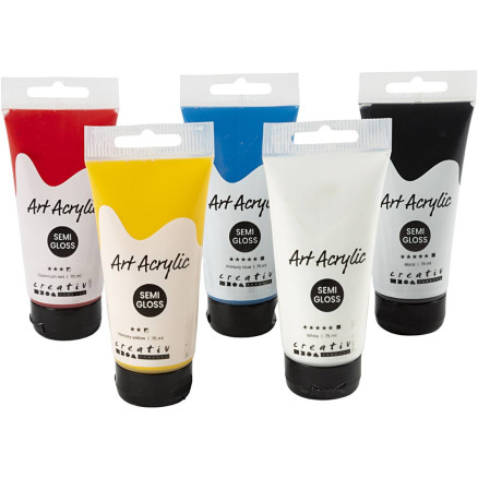 Art Akrylmaling, Grundfarver, halvblank, ass. farver, 5x75ml/ 1 pk.