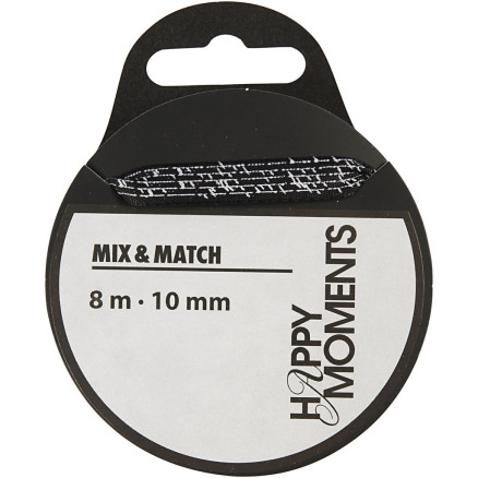 Satinbånd med print - 10 mm, sort, 8 m til håndarbejde
