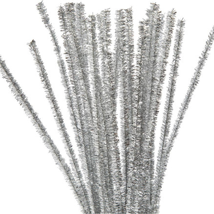 Chenille, L: 30 cm, tykkelse 6 mm, glitter, sølv, 24stk./ 1 pk.
