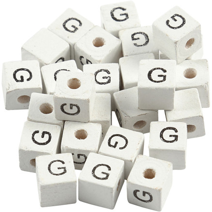 Bogstavperle, G, str. 8x8 mm, hulstr. 3 mm, hvid, 25stk./ 1 pk.