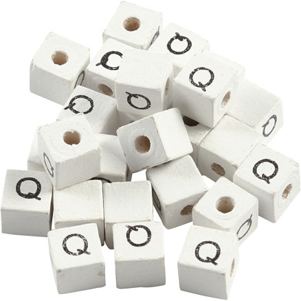 Bogstavperle, Q, str. 8x8 mm, hulstr. 3 mm, hvid, 25stk./ 1 pk.