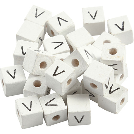 Bogstavperle, V, str. 8x8 mm, hulstr. 3 mm, hvid, 25stk./ 1 pk.