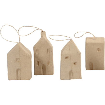 Håndlavede papmachéhuse til dekoration - 4 stk.