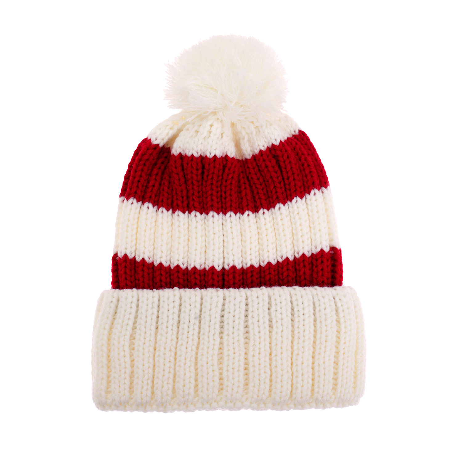Julebeanie, røde og hvide striber med hvid kant