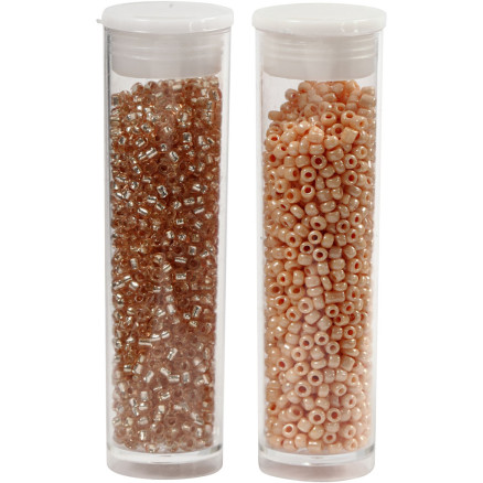 Rocaiperler, diam. 1,7 mm, str. 15/0, hulstr. 0,5-0,8 mm, fersken, lys fersken, 2x7 g/ 1 pk.