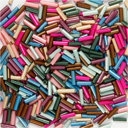 Aflange Glasperler, L: 6 mm, diam. 1,5-2 mm, hulstr. 1 mm, metallicfarver, 130 g/ 1 pk.