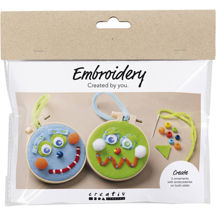 Mini DIY Kit Broderi, Ansigter, blå, grøn, 1 pk.