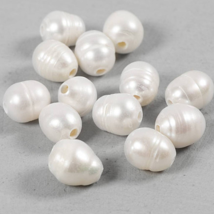 Ferskvandsperler, Gennemboret på langs, diam. 9-11 mm, hulstr. 2 mm, perlemor, 13 stk./ 1 pk.