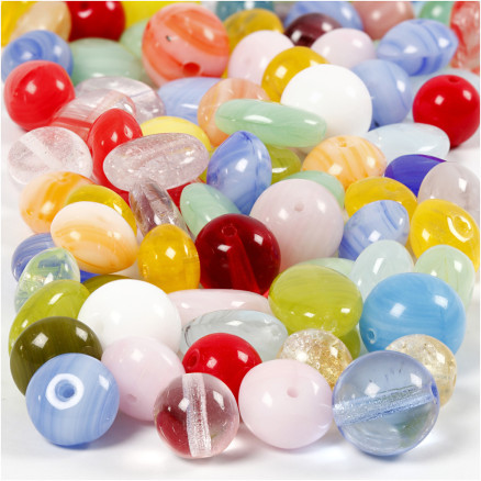 Glasperler, rund, oval, rundflad, diam. 6-13 mm, hulstr. 0,5-1,5 mm, ass. farver, 60 g/ 1 pk.