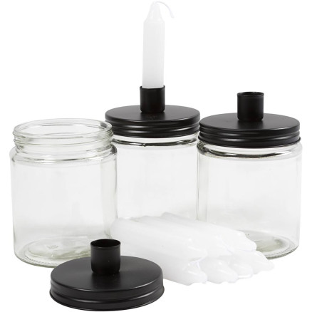 Glas med lysholder og lys, H: 15 cm, diam. 9.5 cm, str. 15 cm, 6sæt/ 1 pk.