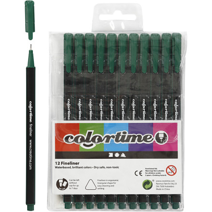 Colortime Fineliner Tusch - Mørk Grøn, 12 stk. i pakke
