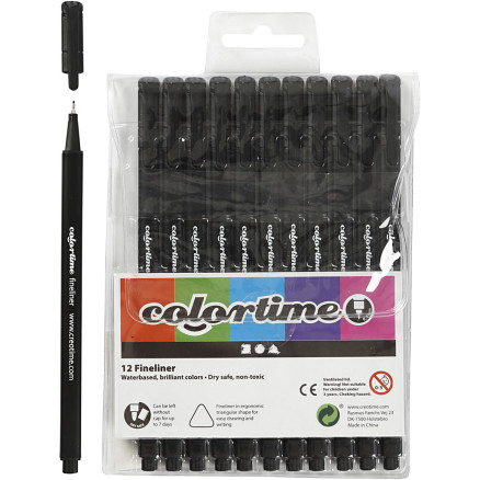 Colortime Fineliner Tusch, 0,6-0,7 mm, sort - 12 stk.