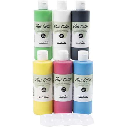 Plus Color Hobbymaling, Primærfarver, 6x250ml - Topkvalitet!