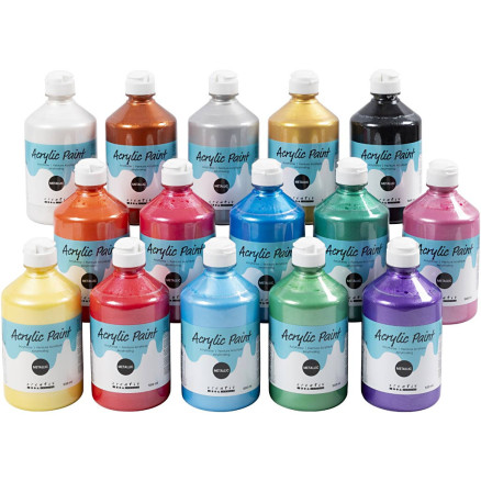 Metallic Akrylmaling - Ass. Farver, 15x500ml, 1 Pakke