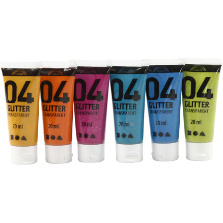 Glitter Akrylmaling, assorterede farver, 6x20ml