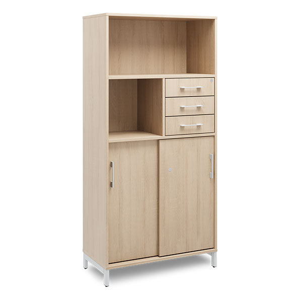 Kontorskab DNA, 800x1660 mm, Eg/Alugrå, skydedør og skuffemodul 4A4/2A4