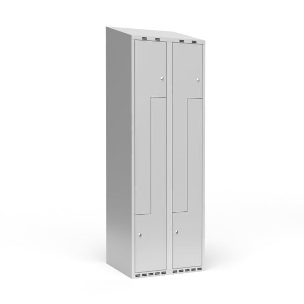 Garderobeskab 2x300 mm Skråt tag, 2-delt søjle Lys grå Z-dør m/cylinderlås