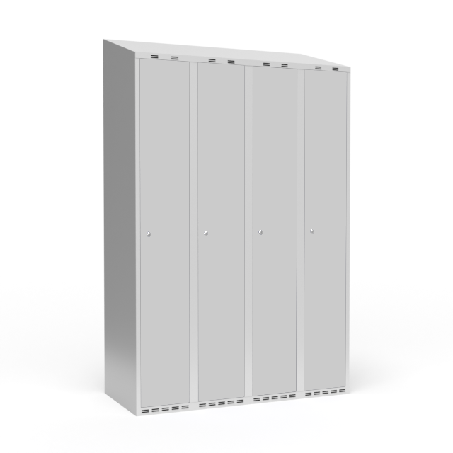 Garderobeskab 4x300 mm m/skråt tag, 1 rum i højden og lys grå dør m/cylinderlås