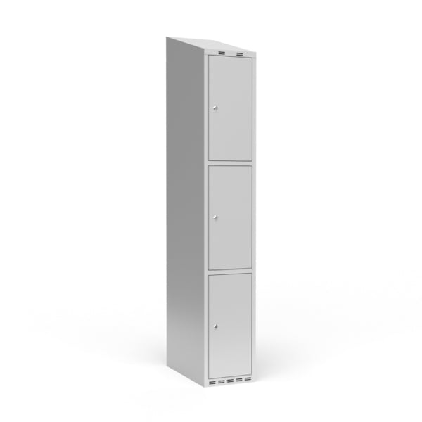 Garderobeskab 1x300 mm m/skråt tag, 3 rum i højden og lys grå dør m/cylinderlås