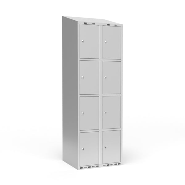 Garderobeskab 2x300 mm m/skråt tag, 4 rum i højden og lys grå dør m/cylinderlås