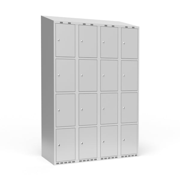 Garderobeskab 4x300 mm m/skråt tag, 4 rum i højden og lys grå dør m/cylinderlås