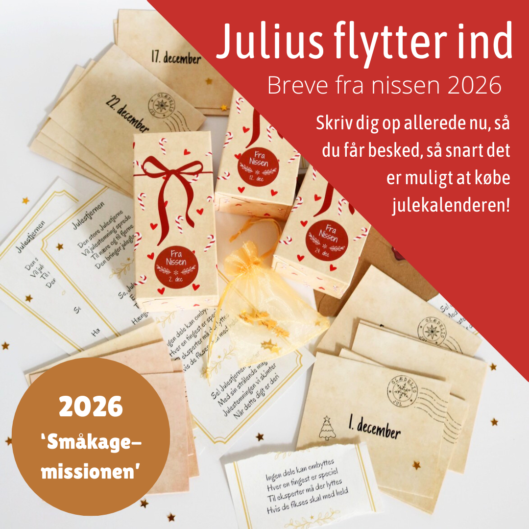 'Julius og Juliane flytter ind - Småkagemissionen', 25 breve fra nissen inkl. tilbehør, julekalender 2026