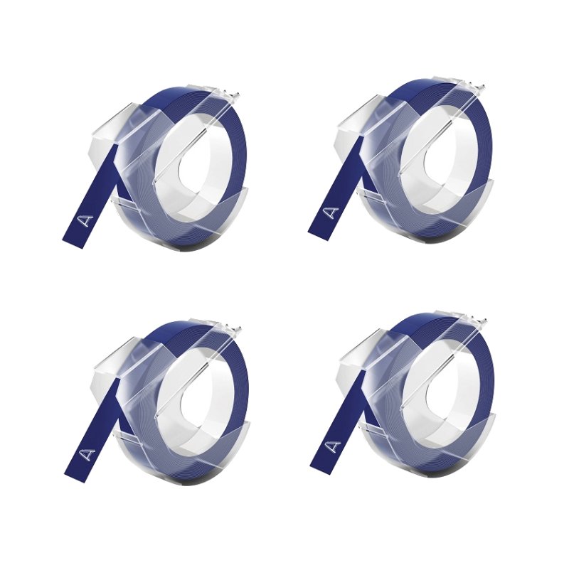 Rabatpakke! Dymo 3D tape. 4 stk hvid på blå plastiktape  9 mm x 3 m  Kompatibel  S0898140